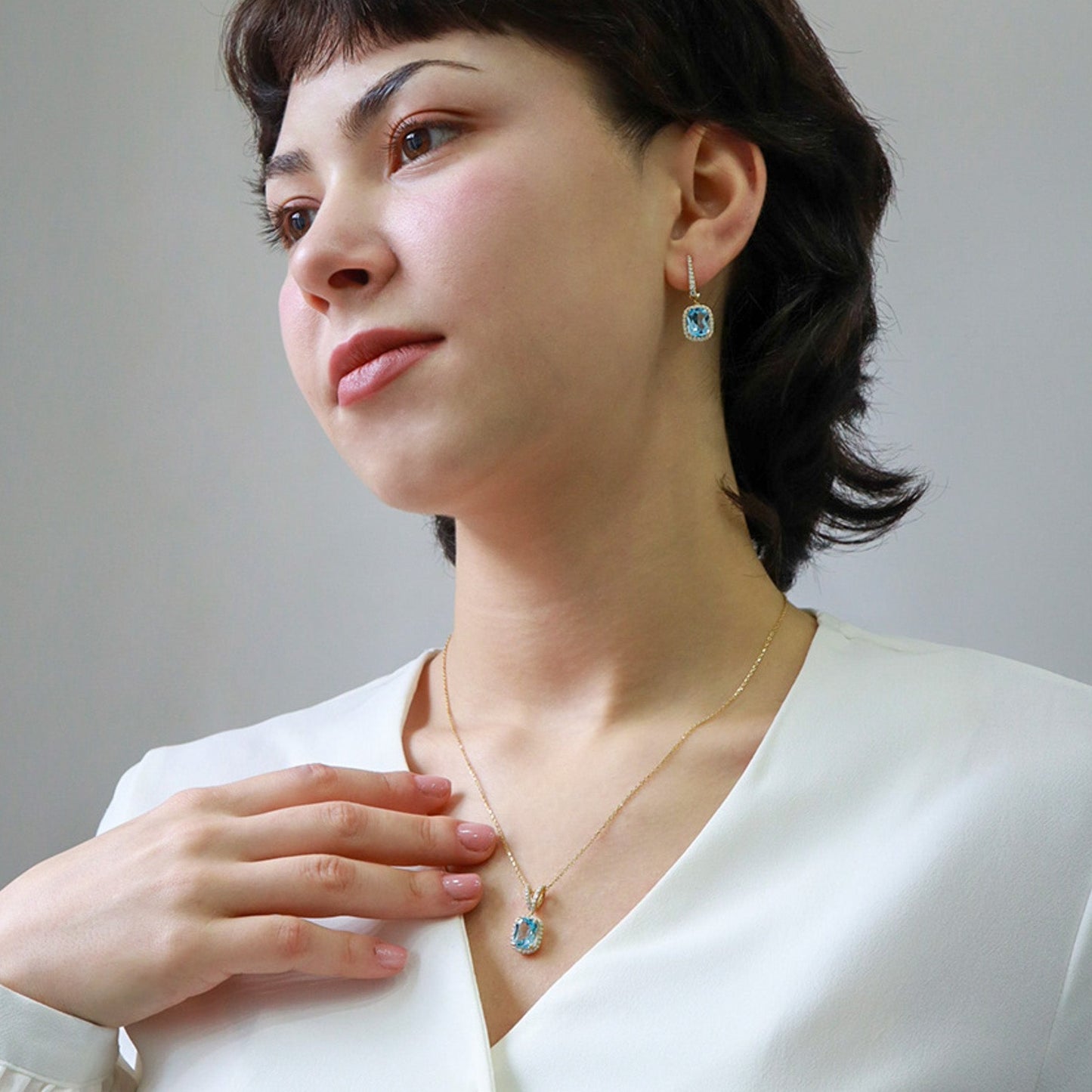 Cushion Kesim Mavi Topaz & Pırlanta Set