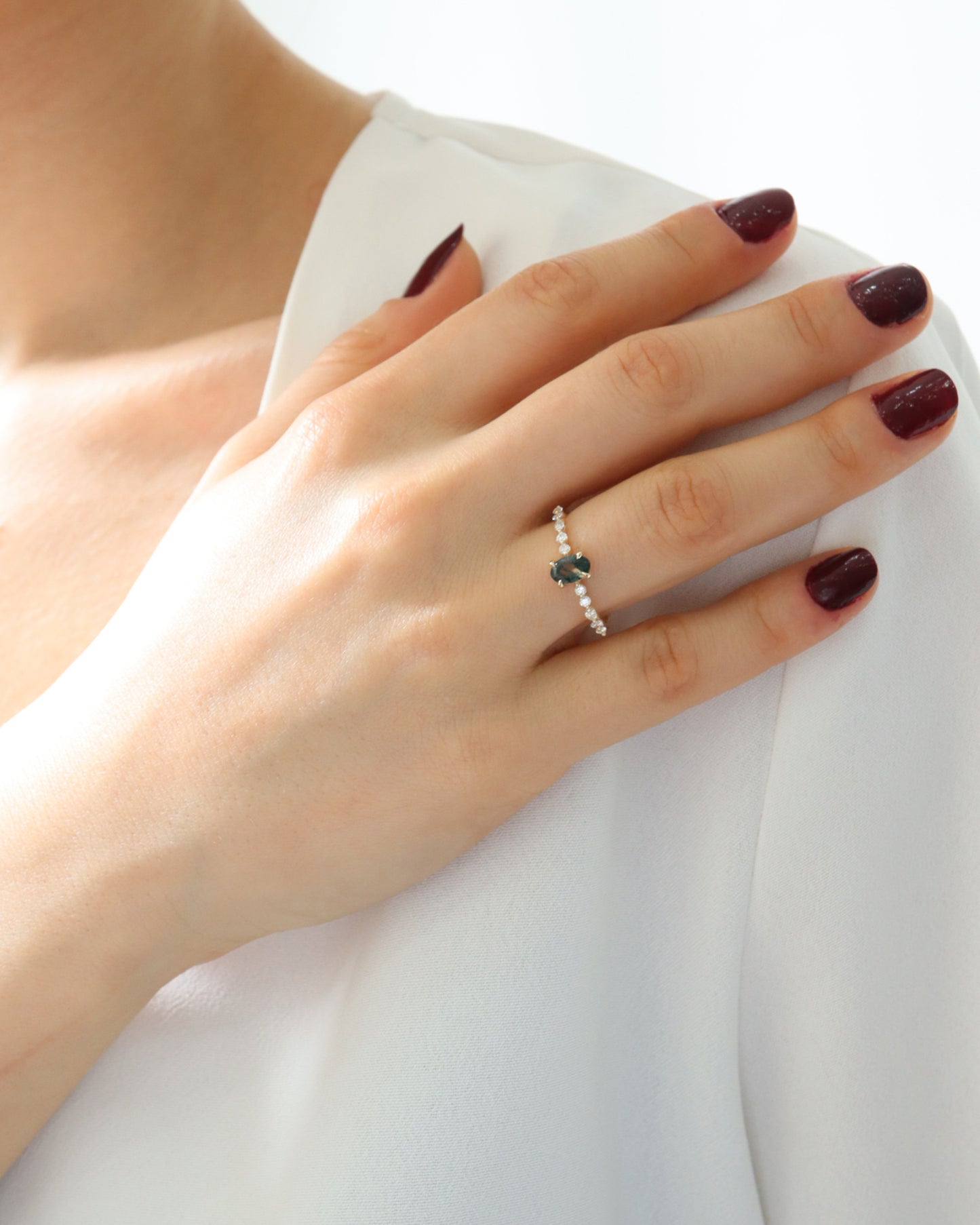 Oval Kesim Moss Agate & Pırlanta Yüzük