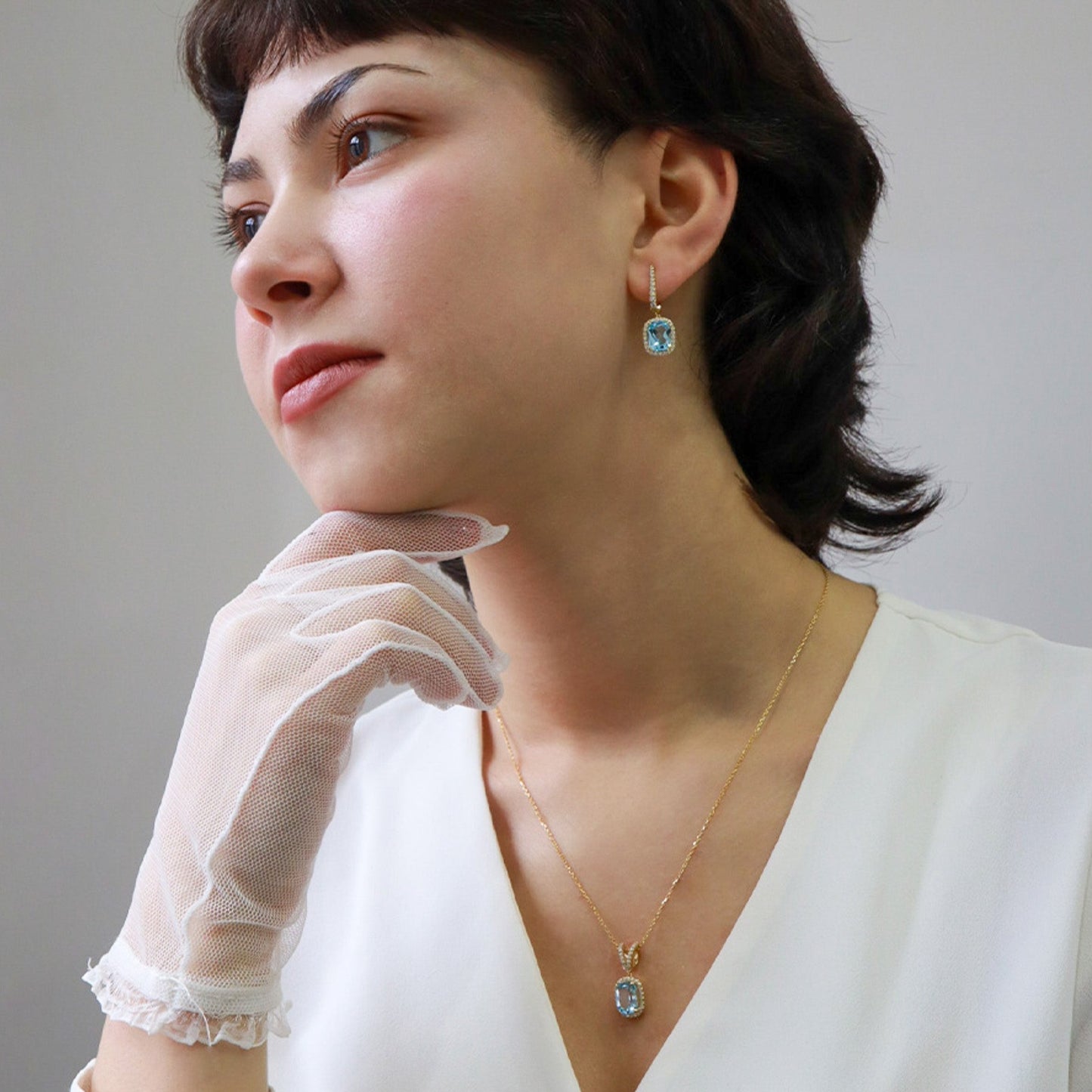 Cushion Kesim Mavi Topaz & Pırlanta Set