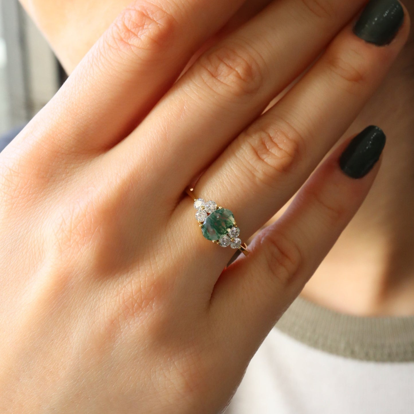 Oval Moss Agate & Yuvarlak Pırlantalı Yüzük