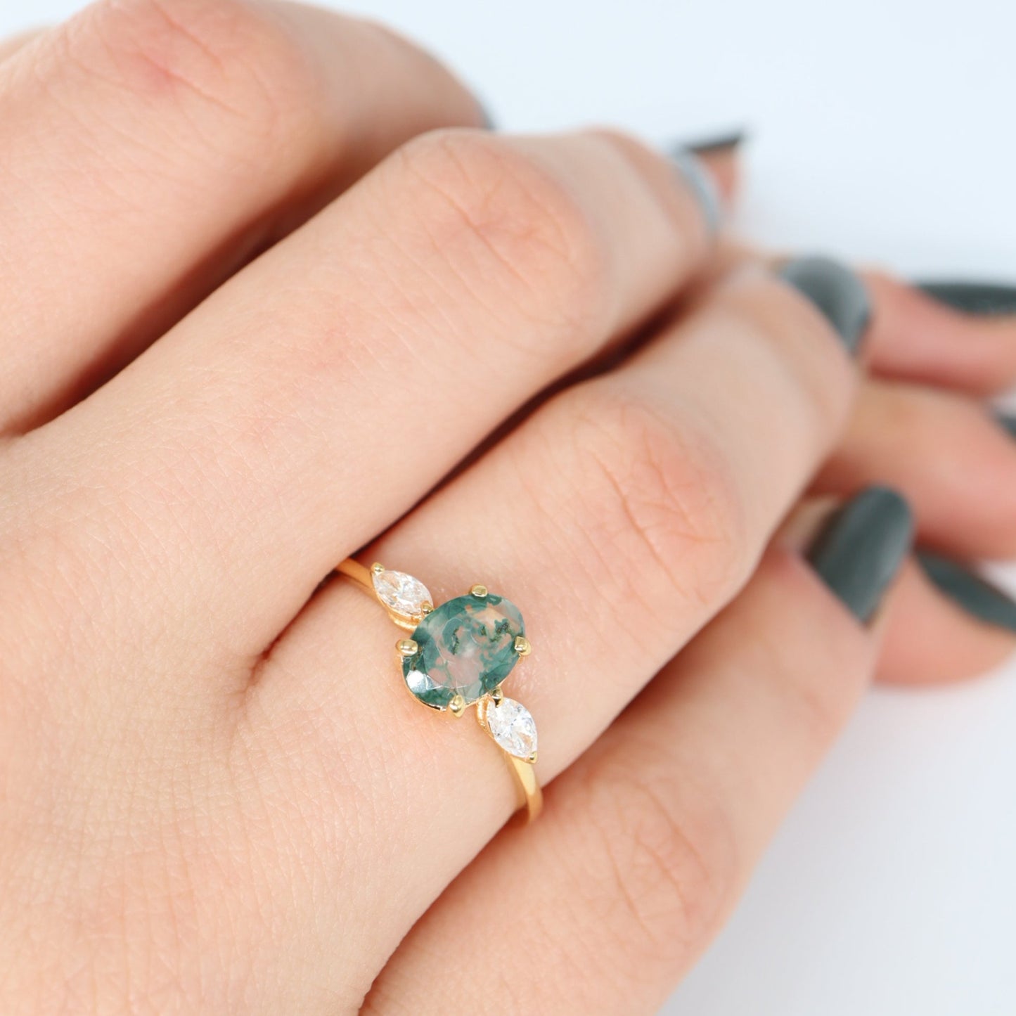 Oval Kesim Moss Agate & Pırlanta Yüzük