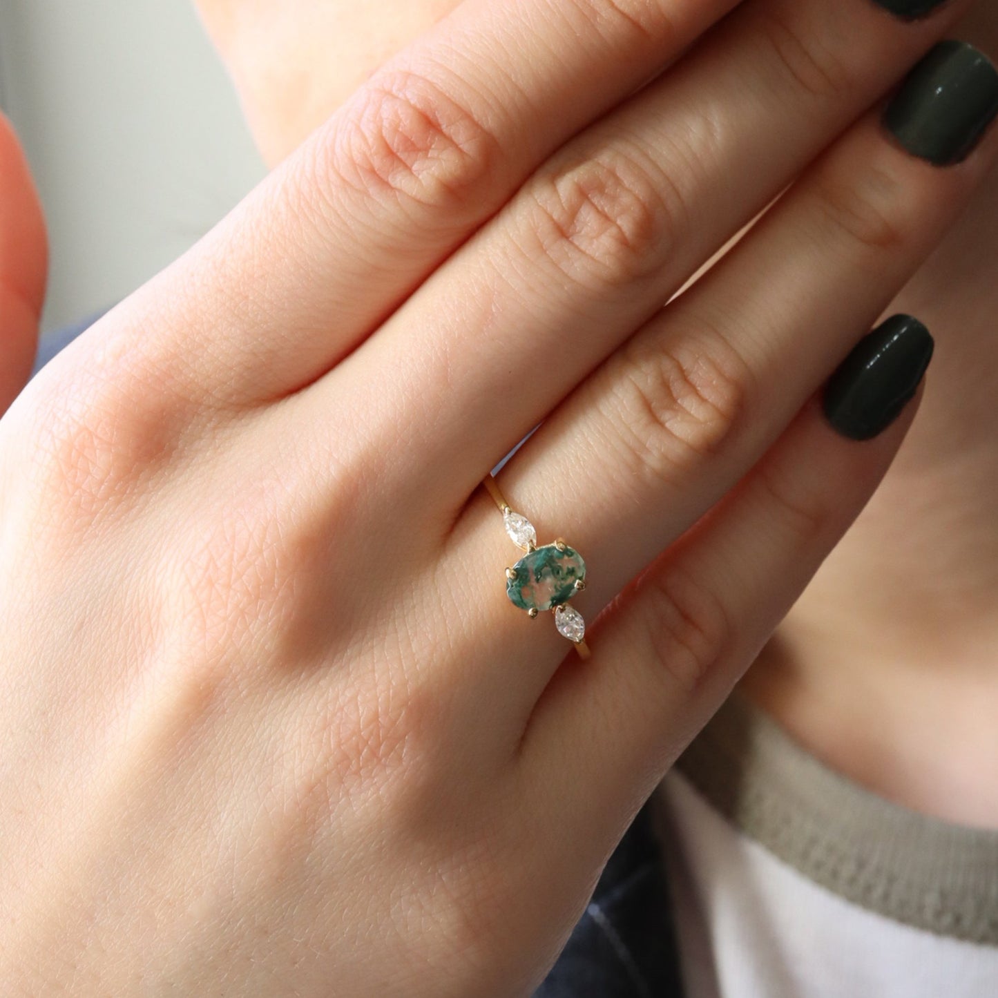 Oval Kesim Moss Agate & Pırlanta Yüzük