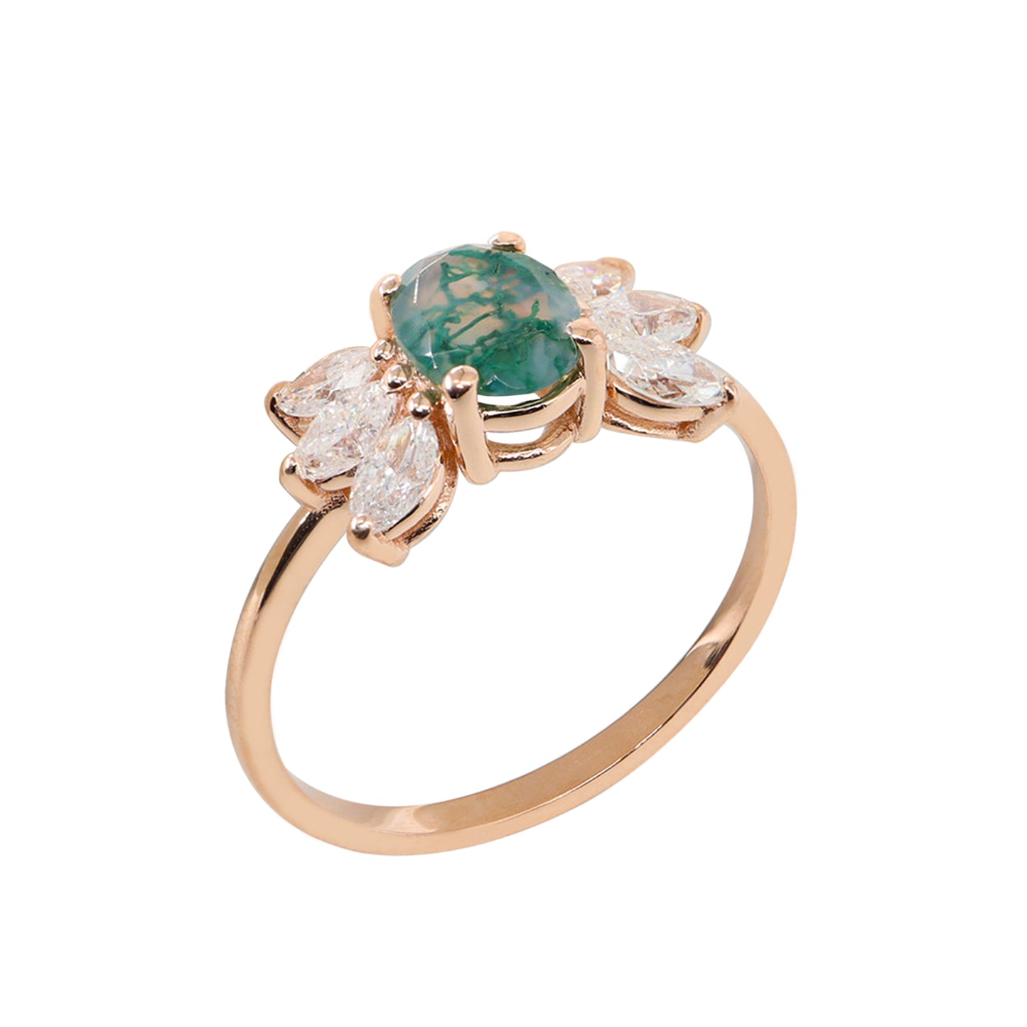 Oval Moss Agate & Markiz Pırlanta Yüzük