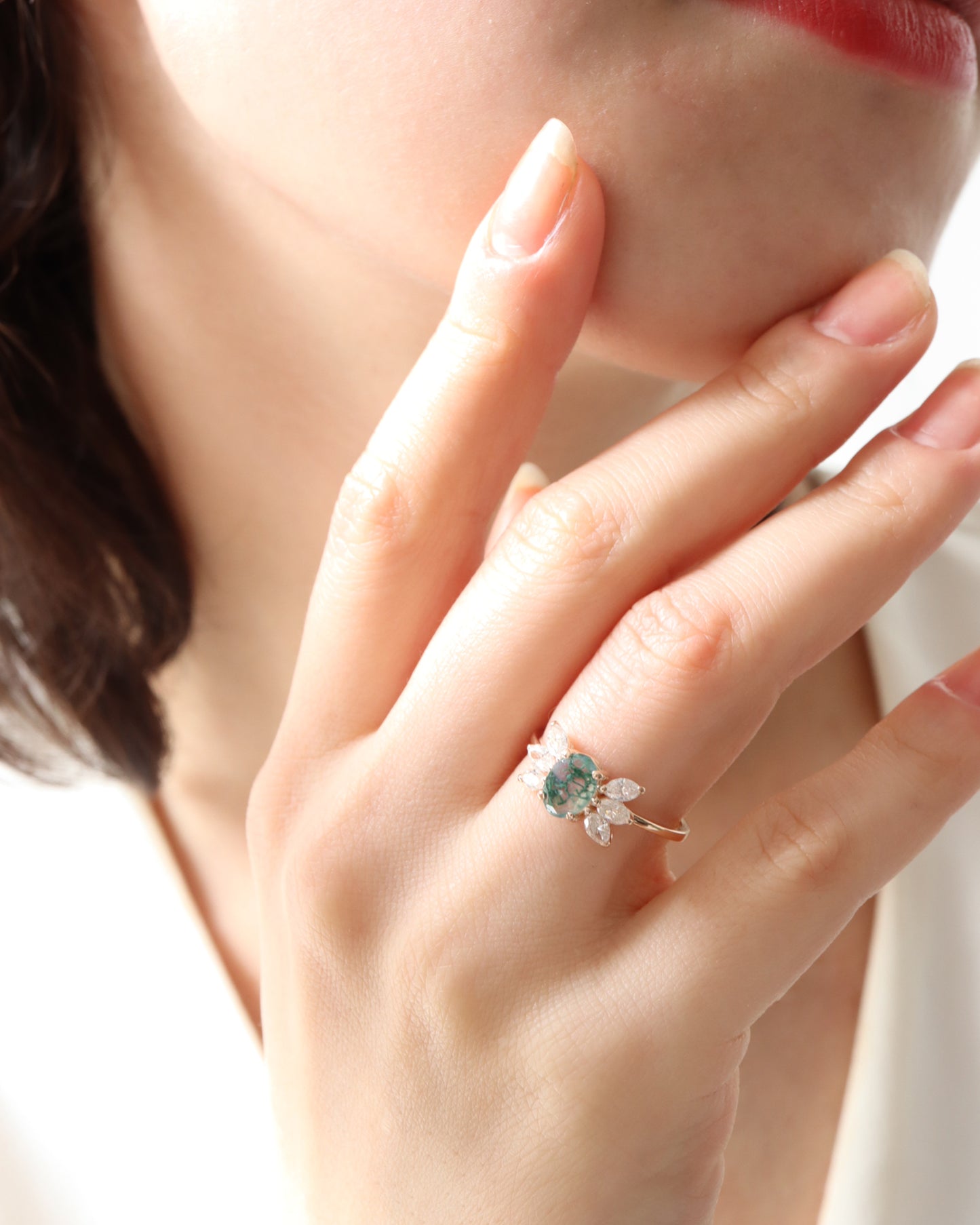 Oval Moss Agate & Markiz Pırlanta Yüzük