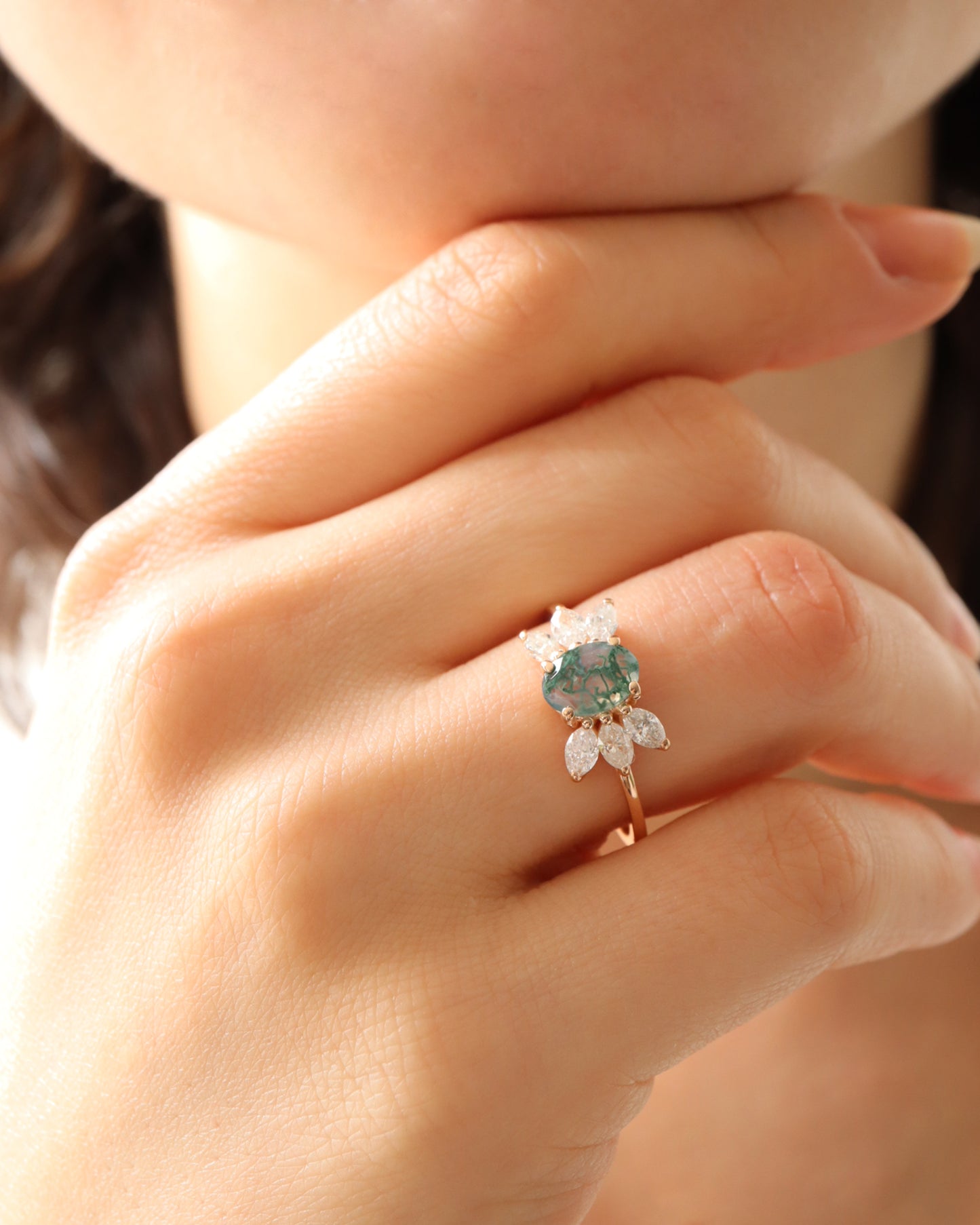 Oval Moss Agate & Markiz Pırlanta Yüzük