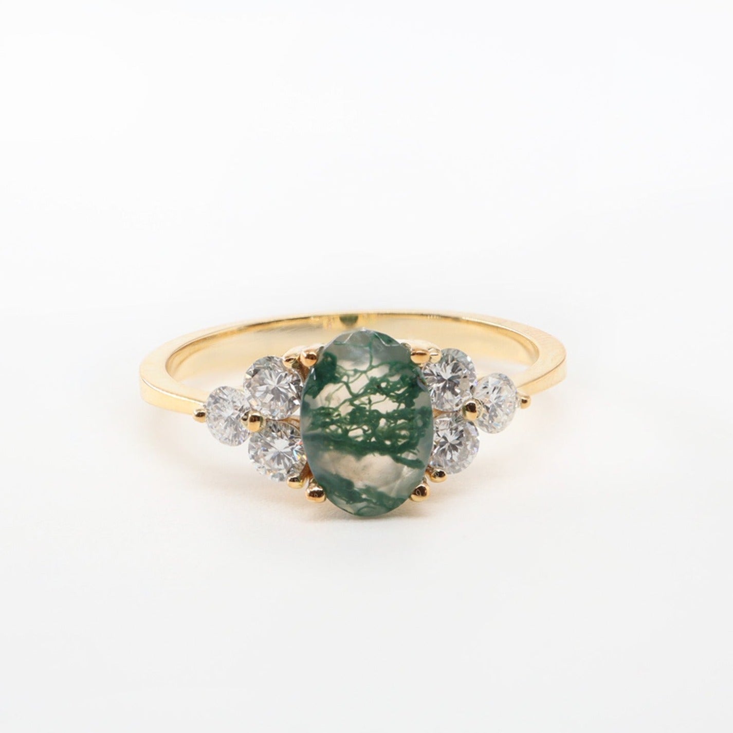 Oval Moss Agate & Yuvarlak Pırlantalı Yüzük