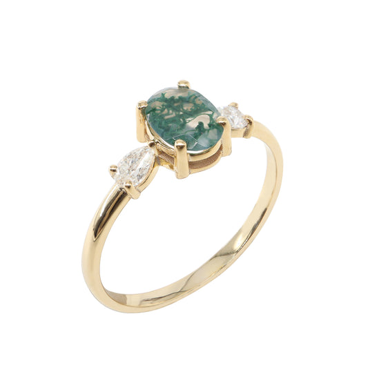 Oval Kesim Moss Agate & Pırlanta Yüzük