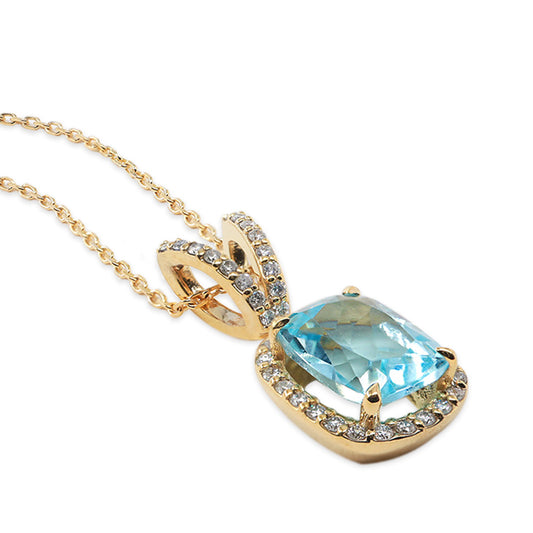 Cushion Kesim Mavi Topaz & Pırlanta Kolye