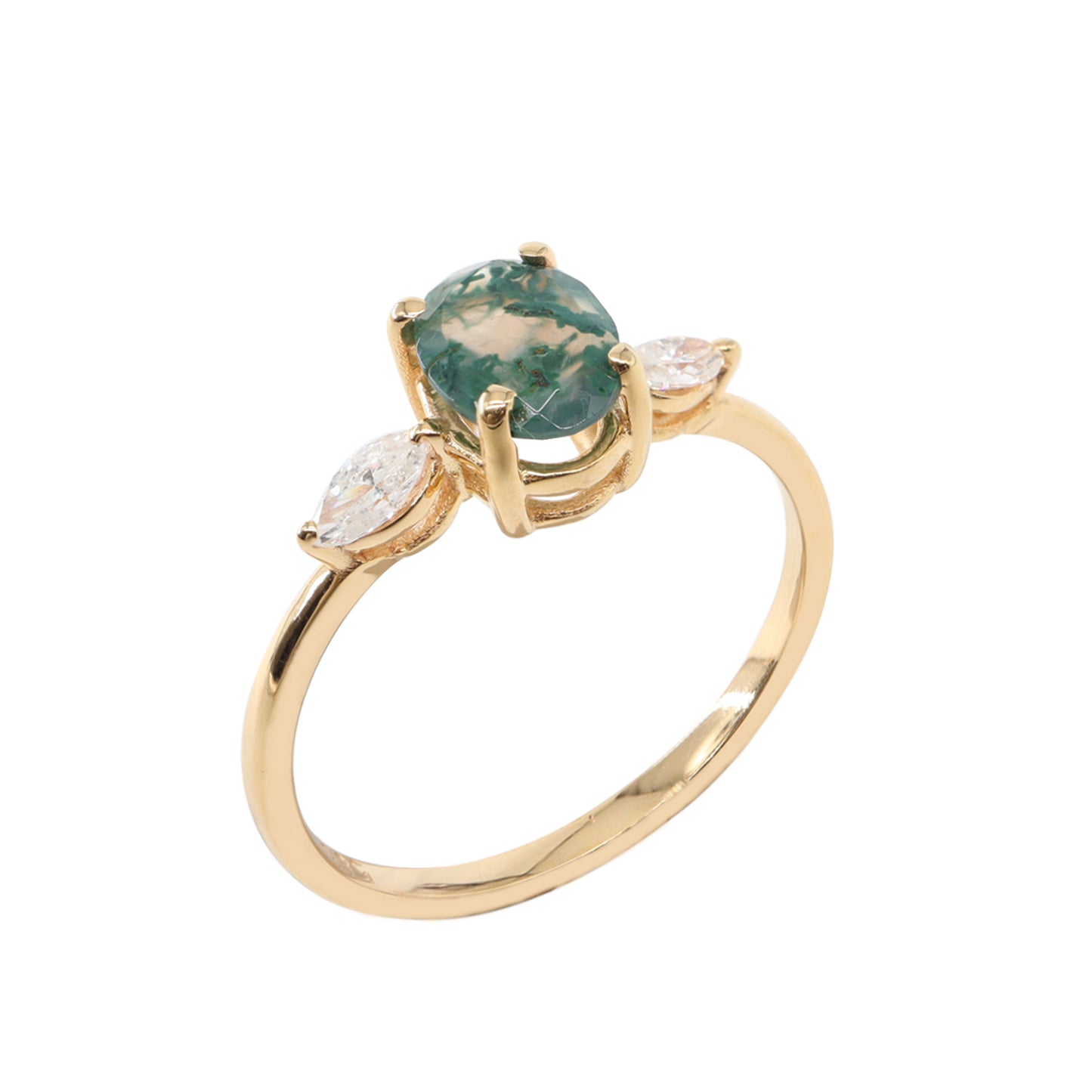 Oval Moss Agate & Markiz Pırlantalı Yüzük