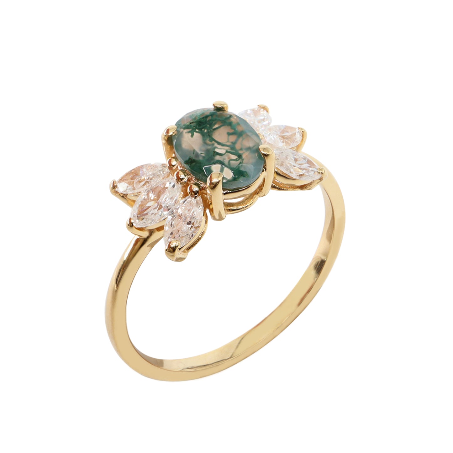 Oval Moss Agate & Markiz Pırlanta Yüzük