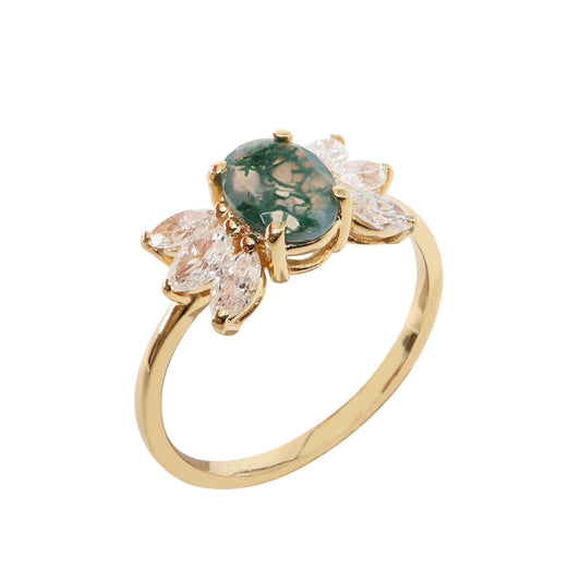 Oval Moss Agate & Markiz Pırlanta Yüzük
