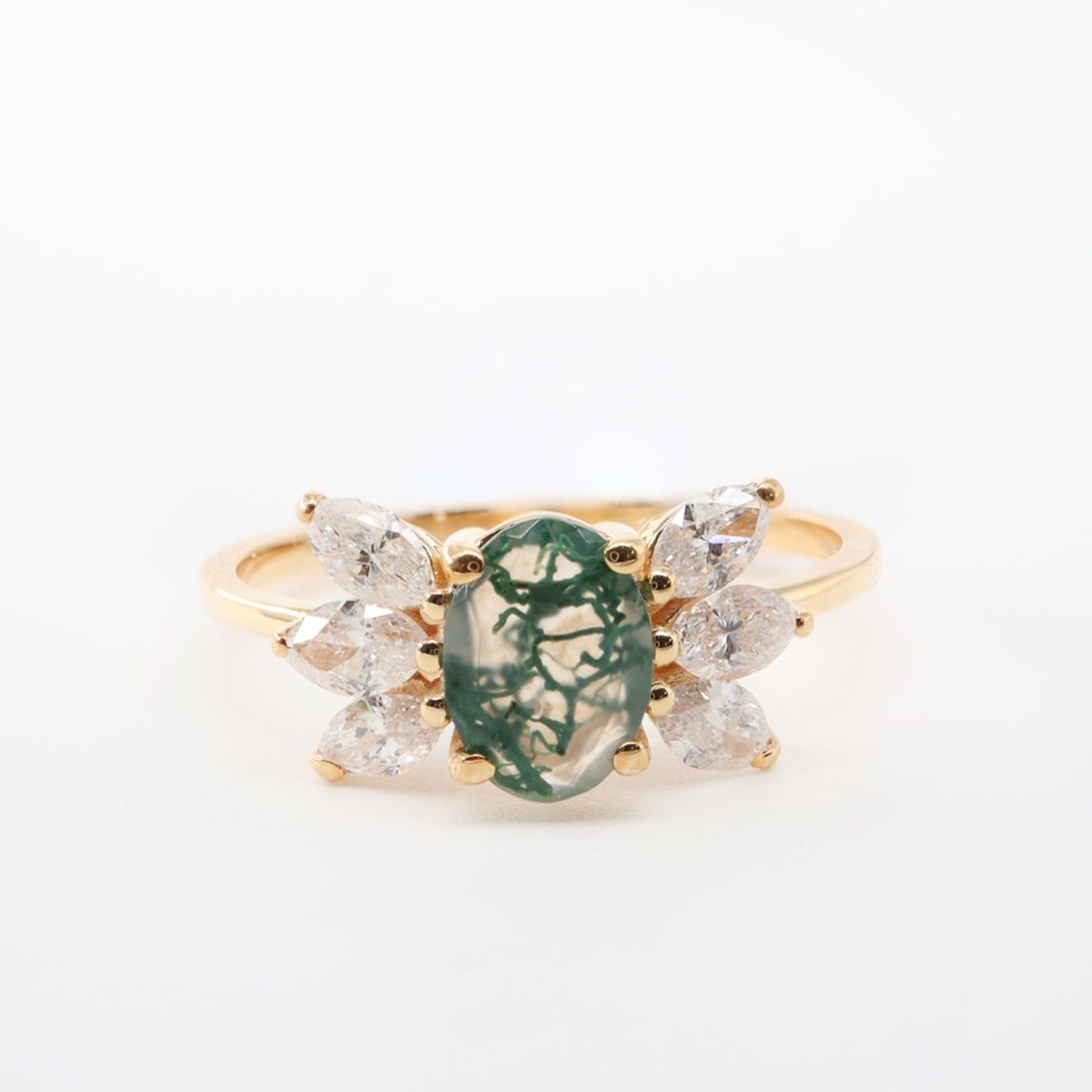 Oval Moss Agate & Markiz Pırlanta Yüzük