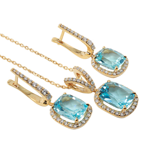 Cushion Kesim Mavi Topaz & Pırlanta Set