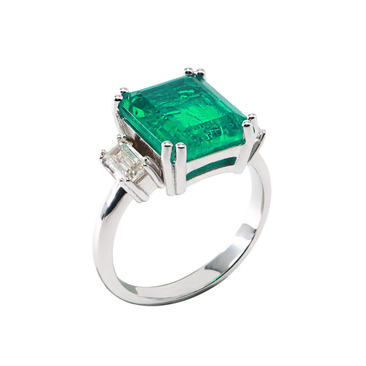 0,40ct Emerald Cut Baget Pırlantalı & Zümrüt Yüzük