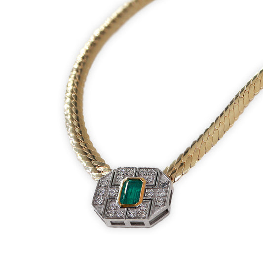 Balık Sırtı Zincirli Zümrüt & Pırlanta Baget Kolye