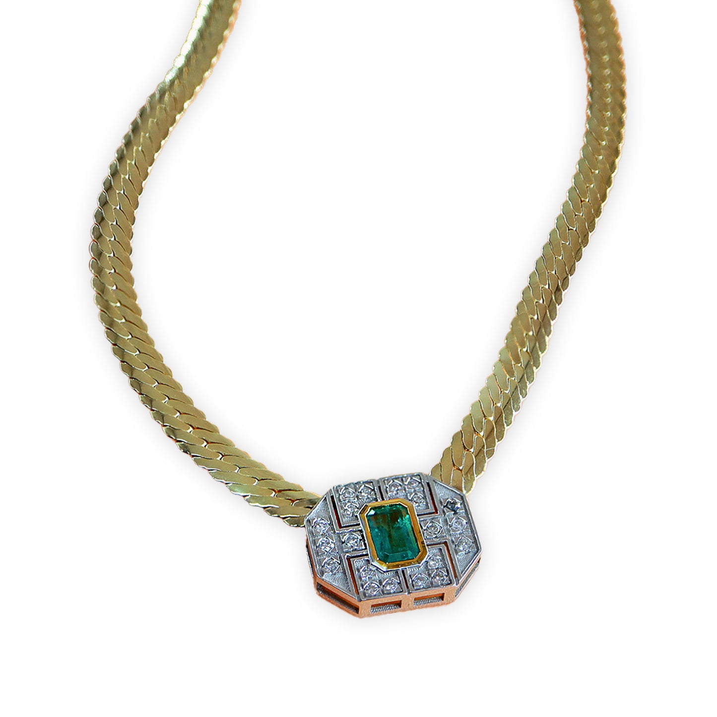 Balık Sırtı Zincirli Zümrüt & Pırlanta Baget Kolye